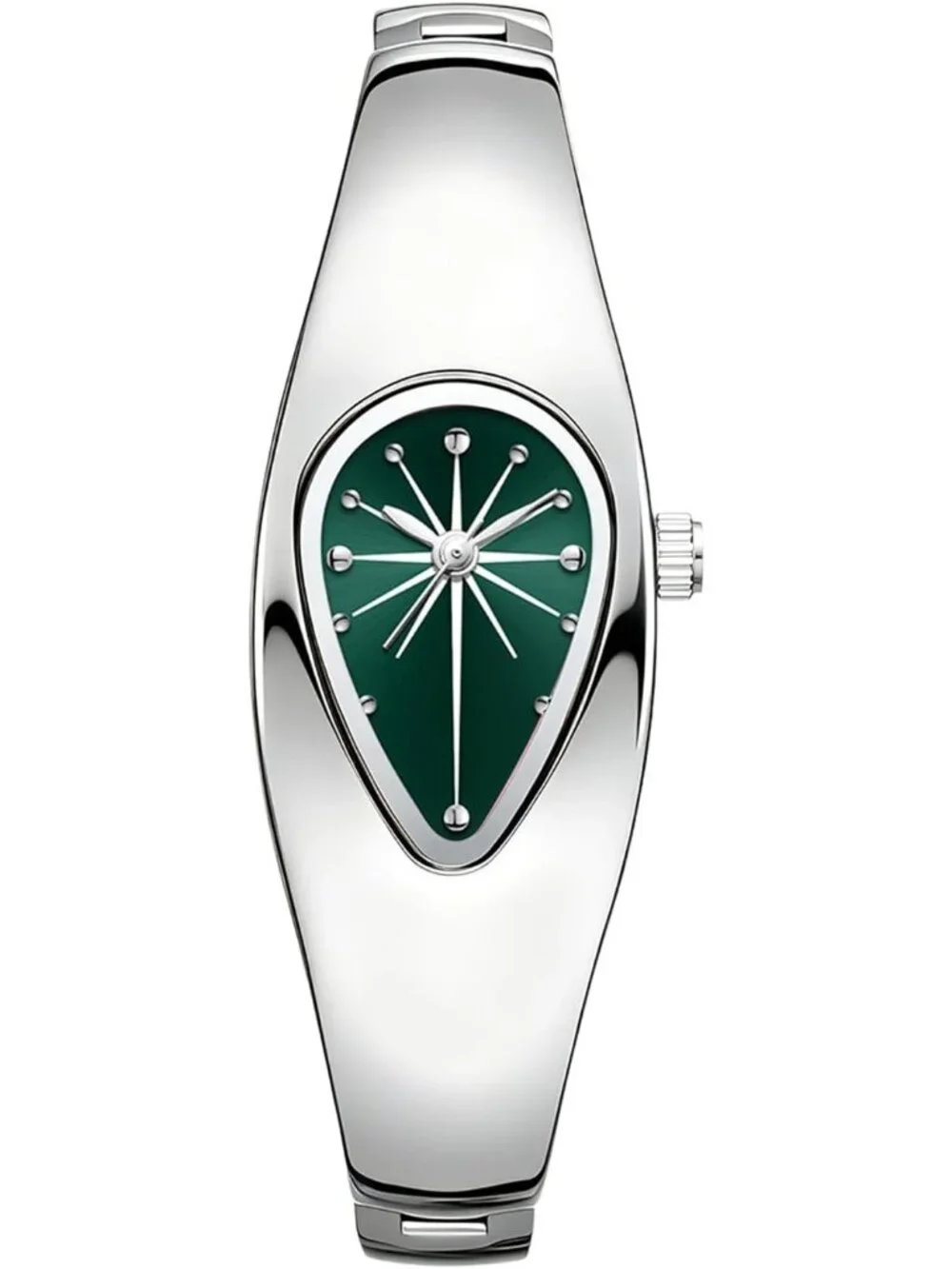Women's Silver Green Stainless Steel Strap Teardrop Shape Dial Quartz Watch